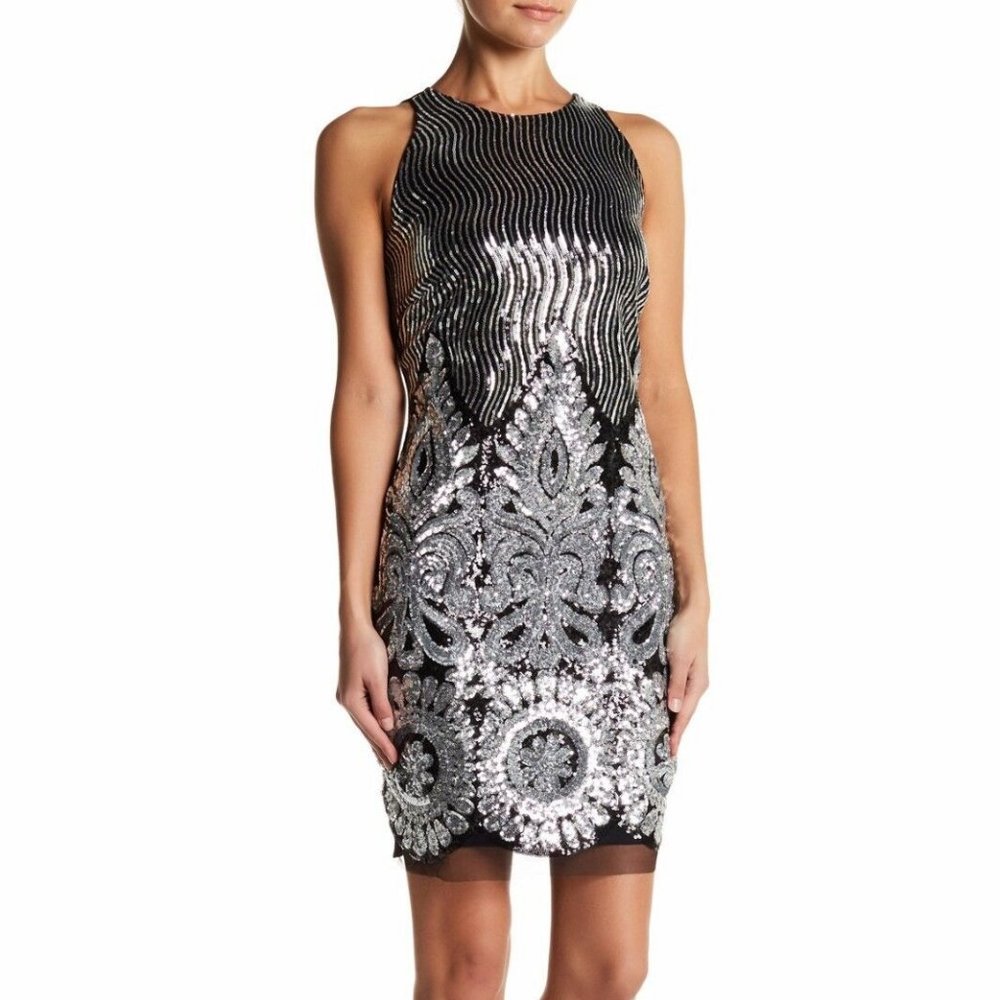Alexia Admor Dress Sequin Embellished Silver Black Women's S, L, XL